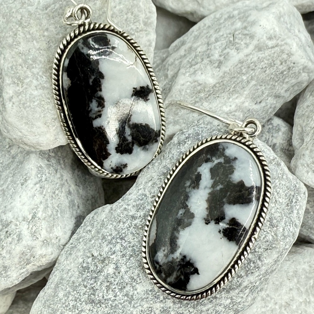 NWT Sterling Silver Zebra Jasper Earrings 925 Oval Dangle Statement 13.5g
